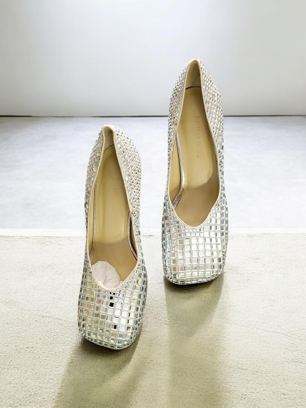 Bottega Veneta Mirrorball Square-Toe Pumps.